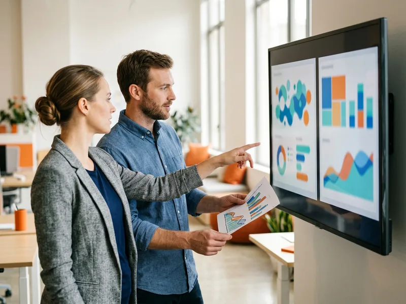 Two data visualization engineers comparing a Tableau dashboard and a custom D3 chart on a large vertical monitor in a modern office