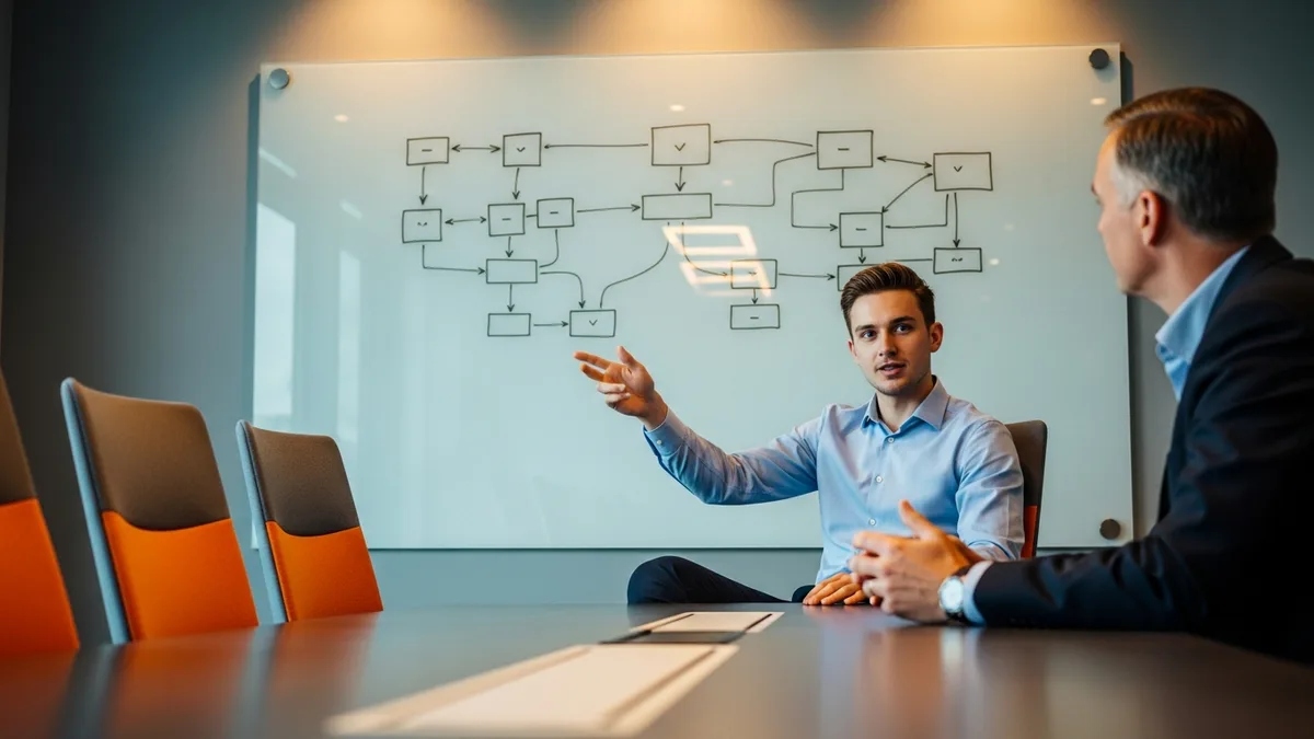 Databricks engineer candidate explaining a data pipeline flow diagram to an interviewer during a technical interview