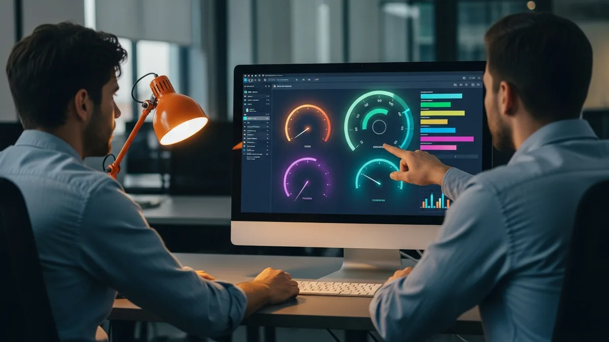 Two engineers reviewing a Databricks cluster performance and DBU cost dashboard on a monitor