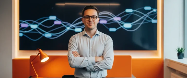 Databricks engineer standing in a modern office in front of an abstract data pipeline visualization