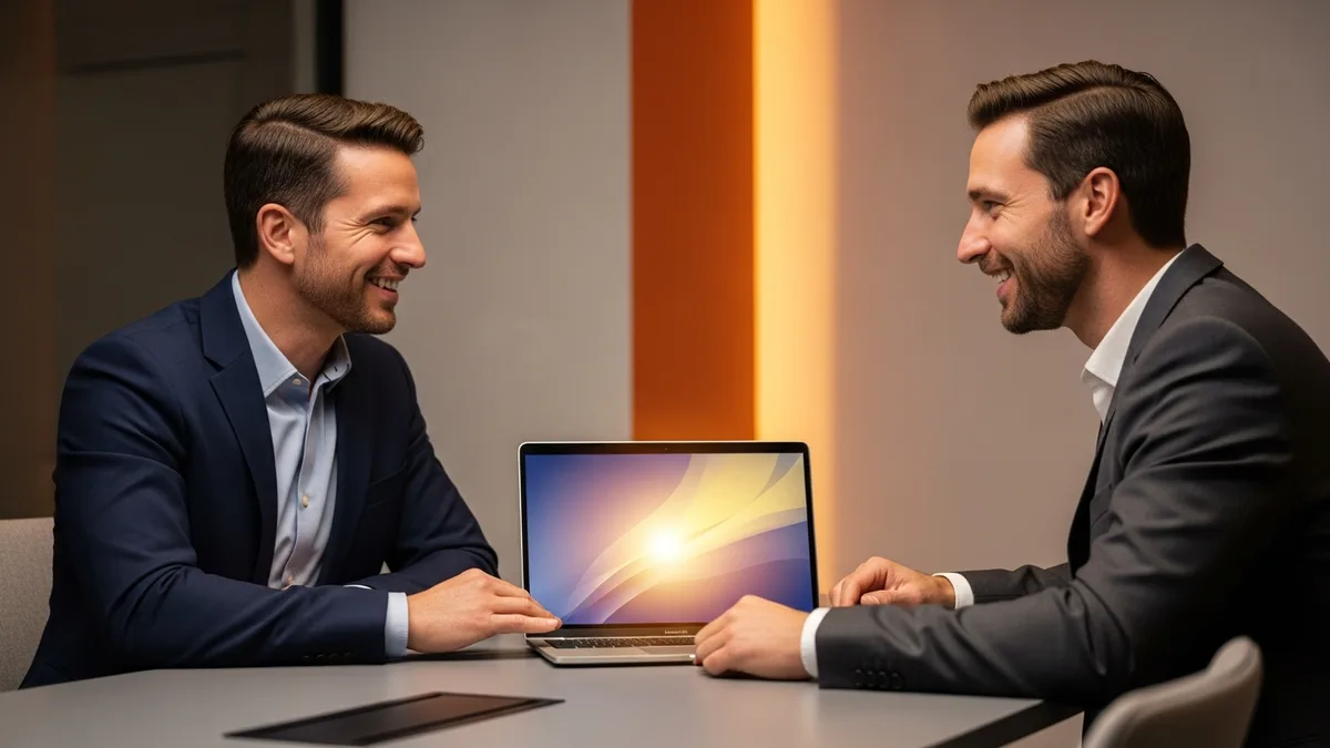 Hiring manager and Databricks engineer candidate discussing interview results over a laptop in a conference room