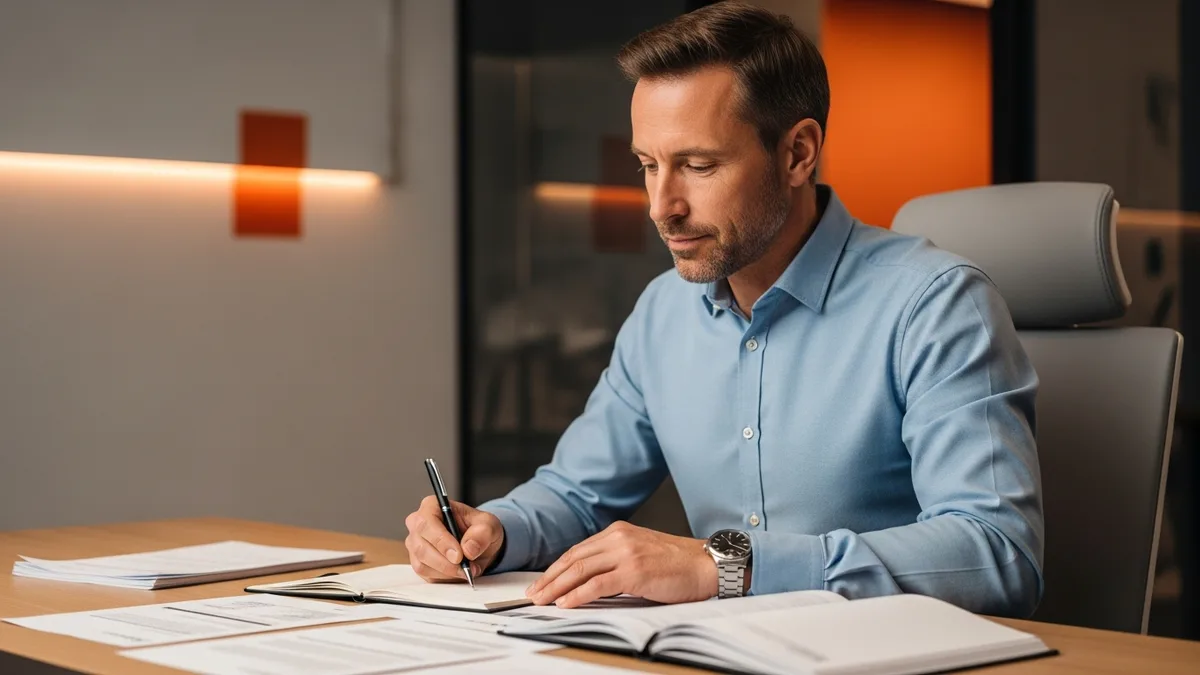 Databricks engineer reviewing printed data pipeline documents and taking notes at a desk in a modern office
