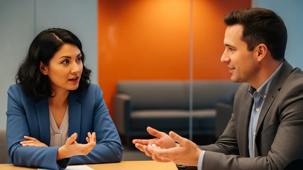 Two technology hiring managers discussing Databricks engineer compensation across a conference table