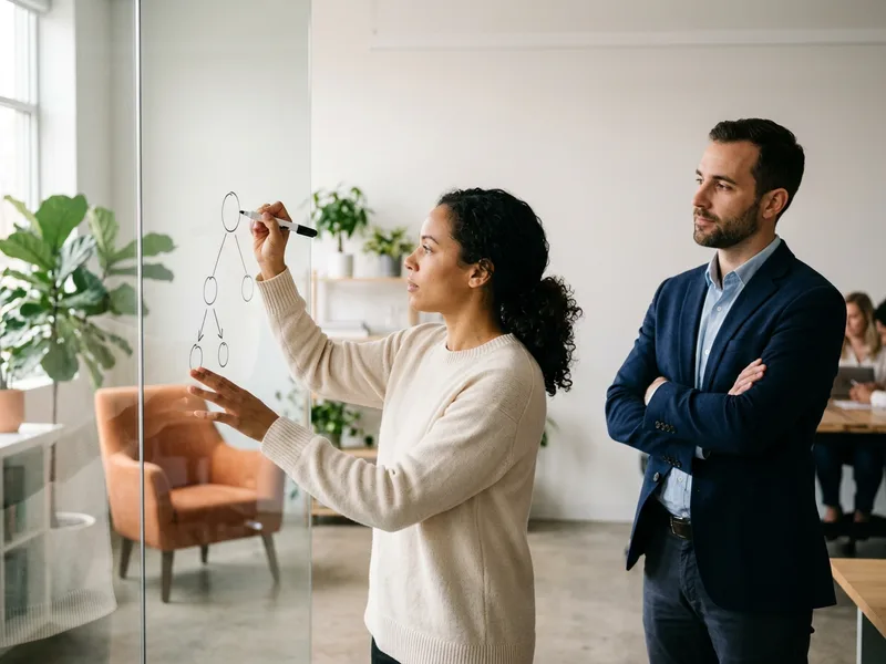 Decision scientist sketching a decision tree with two branches and expected values on a glass wall while a product manager watches
