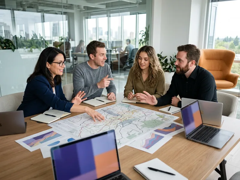 Cross-functional growth team reviewing a geo experiment map and incrementality holdout results around a conference table
