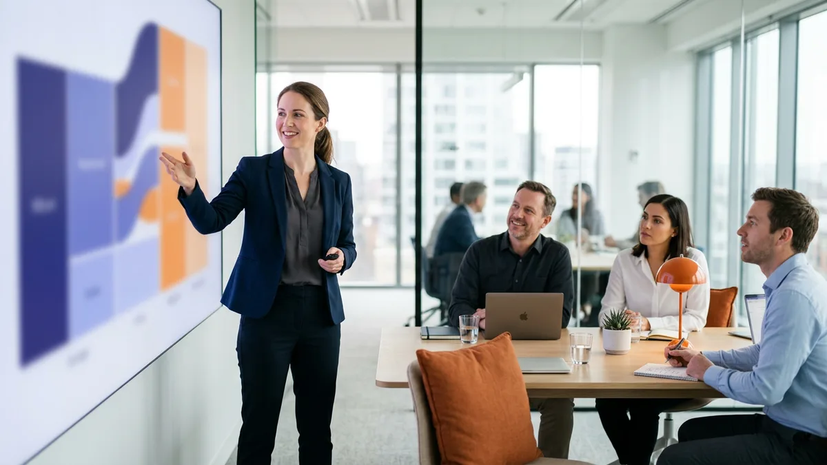 Decision scientist presenting an A/B test result and confidence interval to a product team on a wall display, KORE1 decision scientist staffing