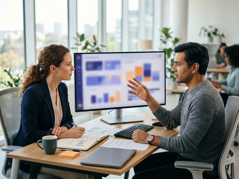 Two decision scientists comparing an experiment dashboard and a causal inference diagram on a large monitor in a bright office