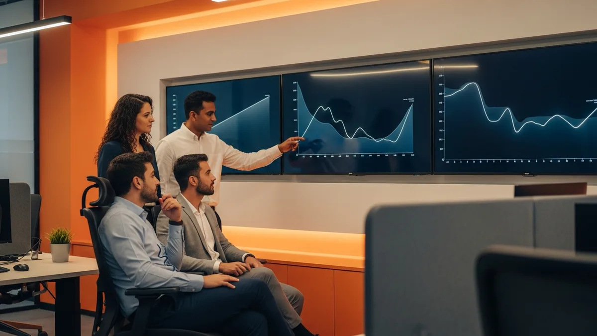 Engineering team reviewing latency dashboards trending down after decoupling point-to-point integrations into an event-driven architecture