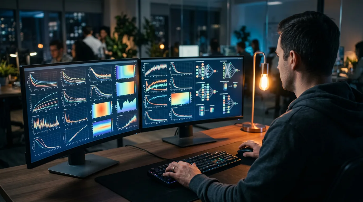 Over-the-shoulder view of a deep learning engineer monitoring multi-GPU training dashboards and gradient metrics across two ultrawide screens