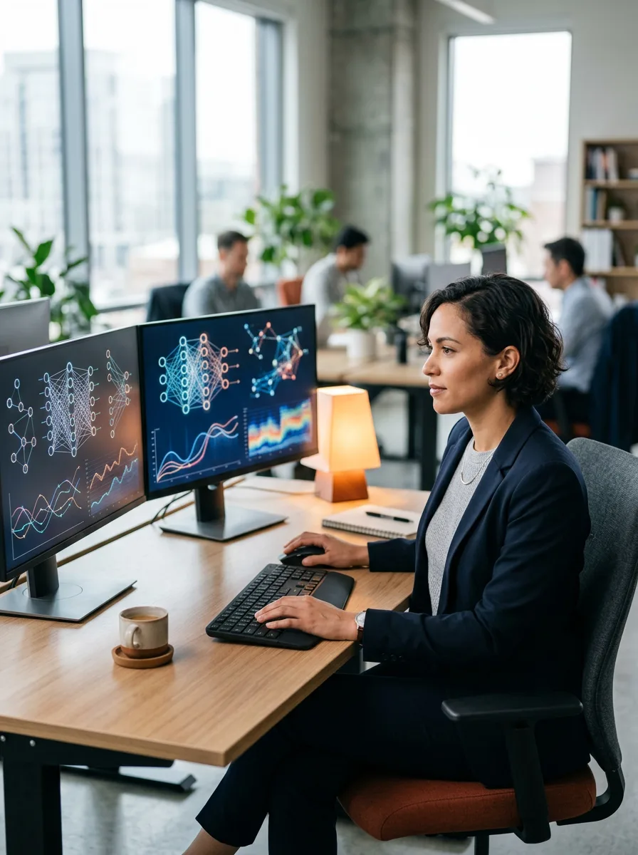 Deep learning engineer at a workstation reviewing a neural network training loss curve and GPU utilization dashboard on dual monitors