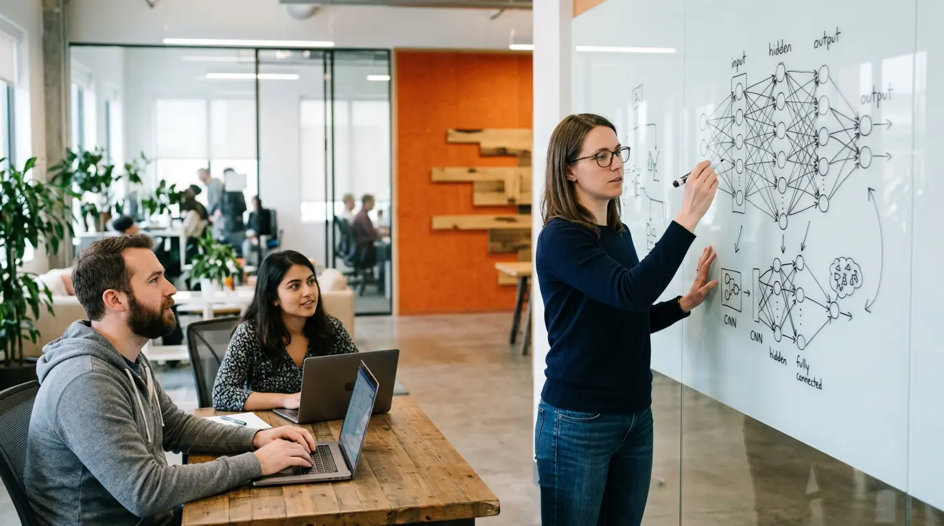 Deep learning engineer at a whiteboard sketching a transformer architecture while two teammates review training results on laptops