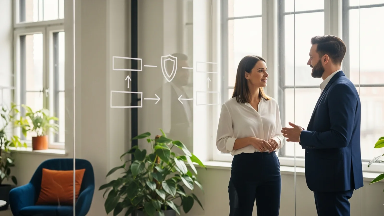 KORE1 DevSecOps recruiter meeting a security engineer candidate beside a glass wall sketched with a secure CI/CD pipeline and shield gate