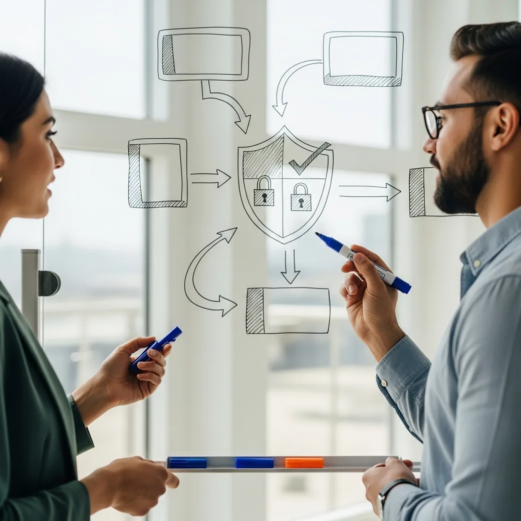 Two KORE1 recruiters comparing DevSecOps candidates at a glass whiteboard sketched with pipeline stages, a shield gate, and lock icons