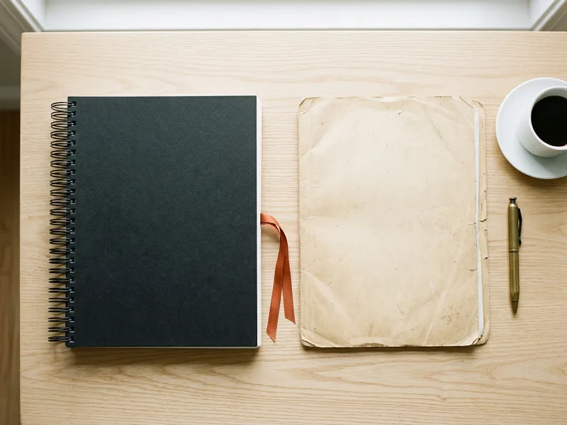 A thick black bound plan beside a worn open document with an orange ribbon in the gap between them, comparing digital transformation consultant staffing against ERP implementation project manager staffing