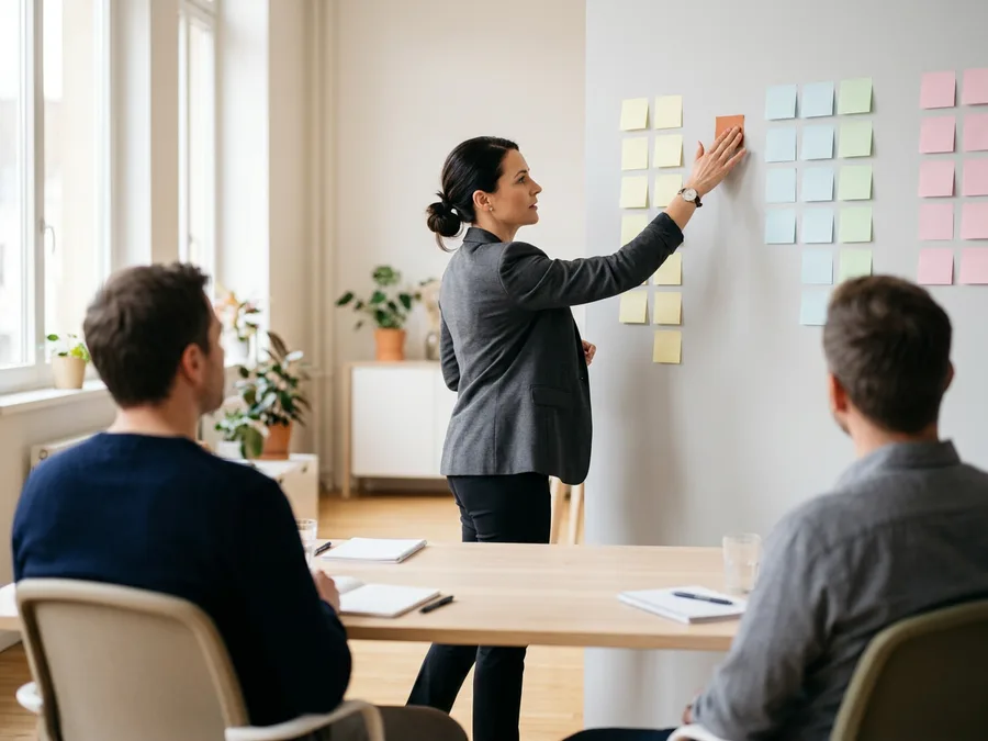 Digital transformation consultant placing an orange card onto a workshop wall of process cards while two colleagues watch from the table, KORE1 digital transformation consultant staffing
