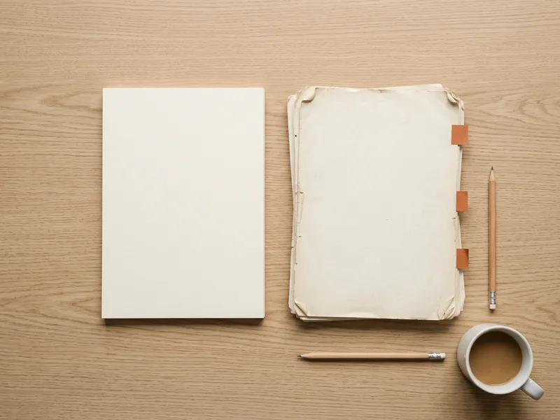 Two stacks of paper side by side on a wooden desk, one pristine and one worn with orange index tabs, showing two versions of the digital transformation consultant role