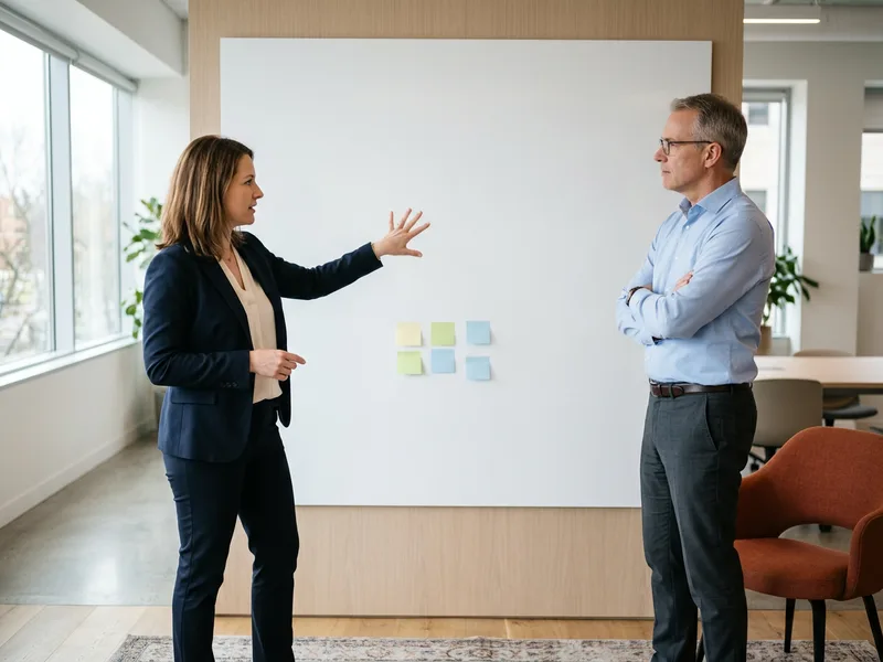 Two consultants standing at a planning board in a bright office, one gesturing mid-explanation and one listening with arms folded, KORE1 digital transformation consultant screening