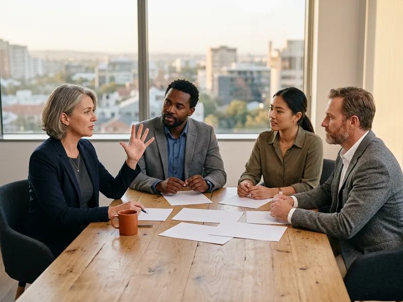 Senior transformation consultant leading a discussion with three colleagues around a conference table covered in printed pages, KORE1 digital transformation consultant staffing