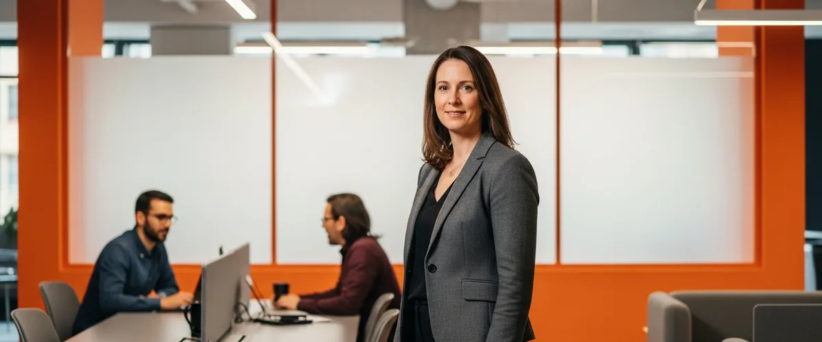 Director of data engineering standing in a modern technology office with two colleagues working behind her
