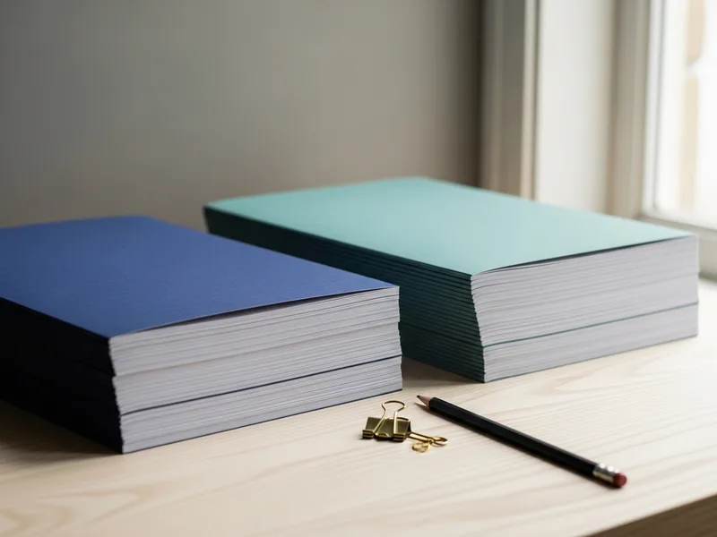 Two stacks of printed documents in indigo and teal folders on a bright desk, Kafka engineer versus event-driven architecture consultant hiring decision