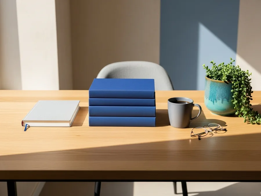 Event-driven architecture consultant reviewing printed system notes at a bright desk with indigo bound reference books, KORE1 distributed systems staffing
