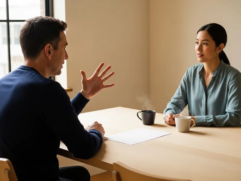 KORE1 technical recruiter and a distributed systems candidate working through a printed profile across a meeting table, event-driven architecture screening