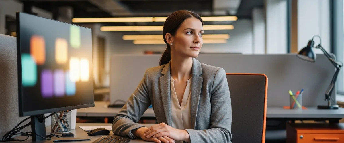 Dynamics 365 consultant reviewing an abstract analytics dashboard in a modern office