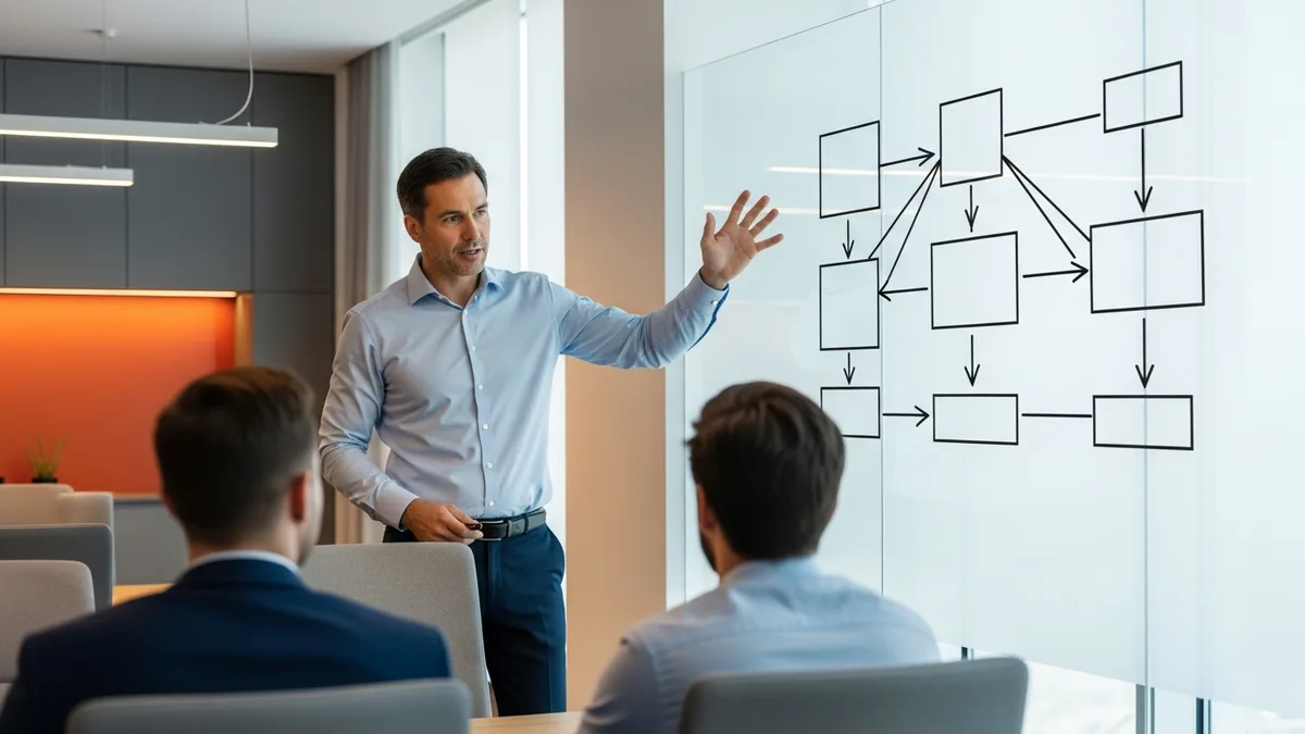 Dynamics 365 implementation consultant explaining a system architecture diagram on a whiteboard to two colleagues