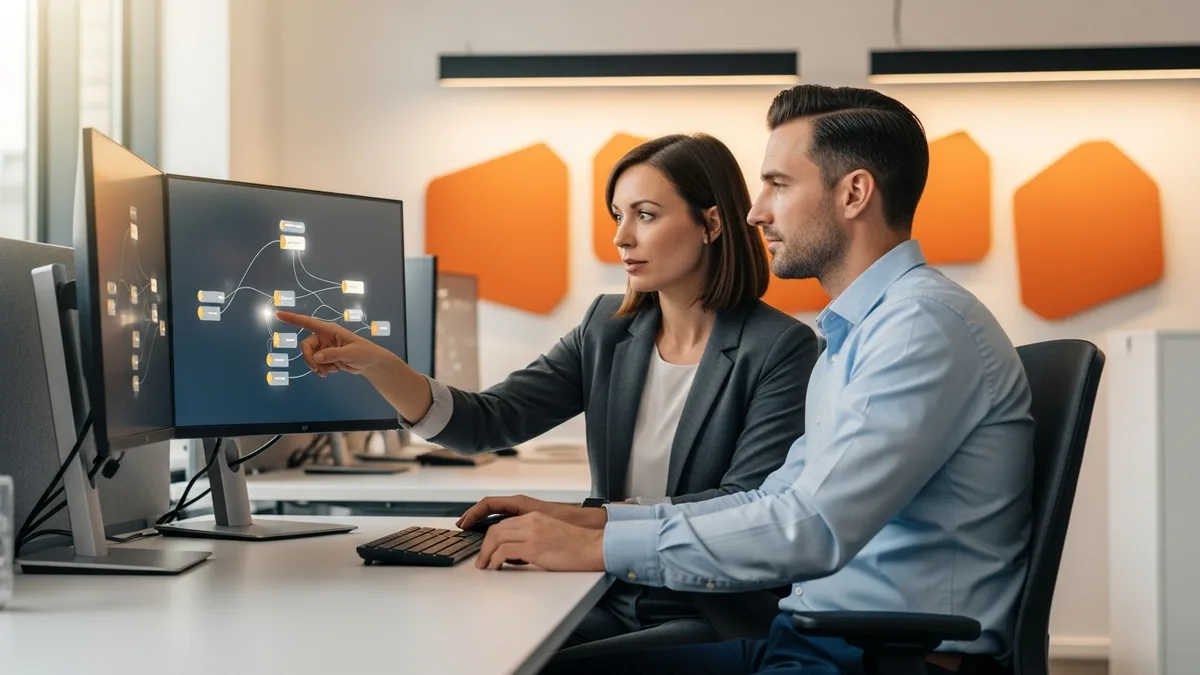 Two Dynamics 365 consultants reviewing a dual-write data-flow diagram between Finance and Operations and Customer Engagement on a monitor