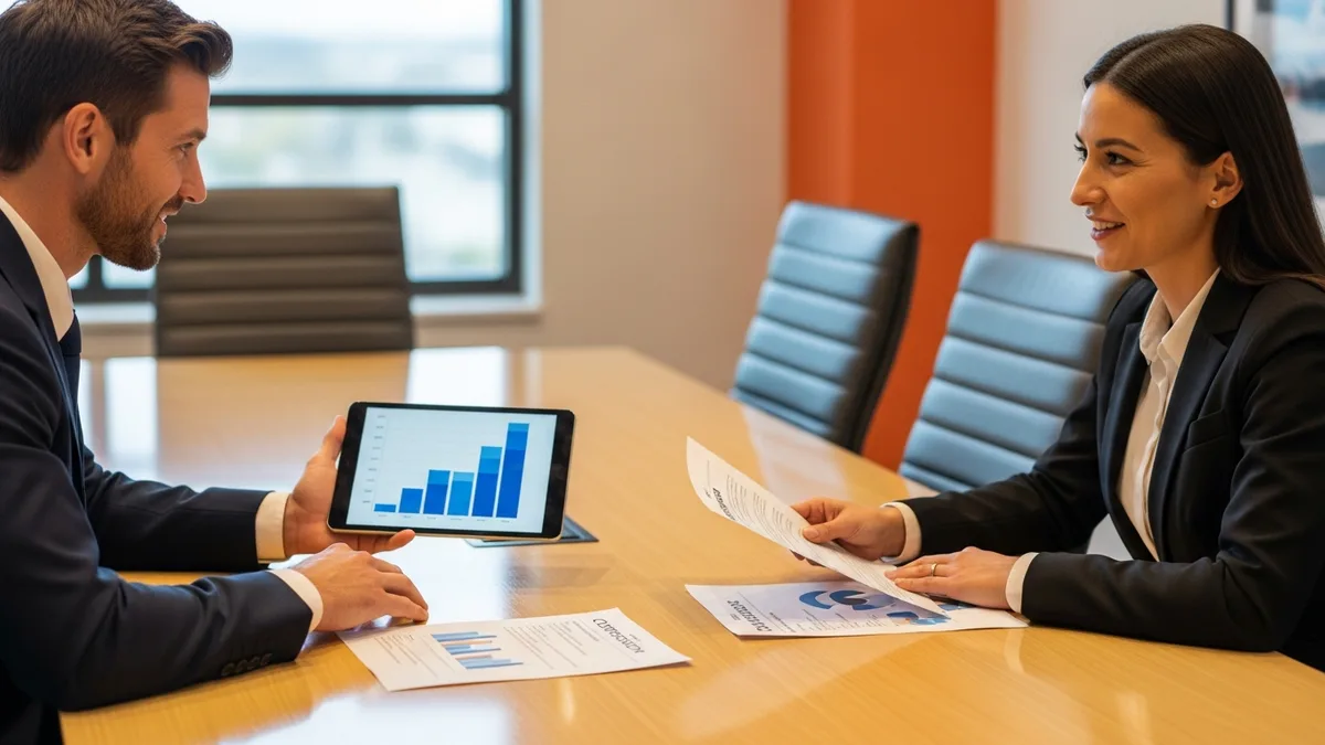 Hiring manager and recruiter reviewing Dynamics 365 consultant salary data at a conference table