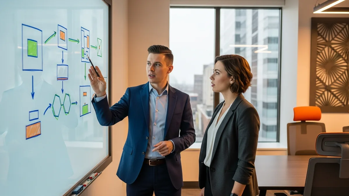Dynamics 365 consultant mapping an ERP implementation flow on a glass whiteboard with a colleague