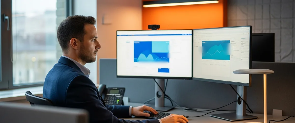 Microsoft Dynamics 365 consultant reviewing ERP dashboards at a dual-monitor office workstation