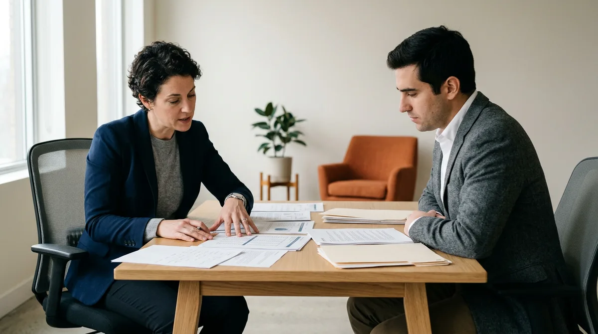 Microsoft Dynamics 365 consultant and client reviewing printed Finance and Operations implementation reports at a table