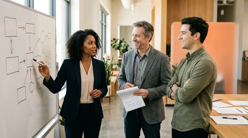 Dynamics 365 implementation team at a whiteboard mapping Finance and Operations, Business Central, and Customer Engagement modules