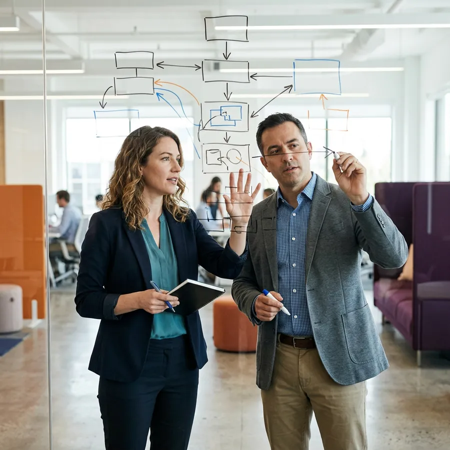 A KORE1 recruiter and a hiring manager scoping a Dynamics 365 developer role at a glass wall of sketched process diagrams