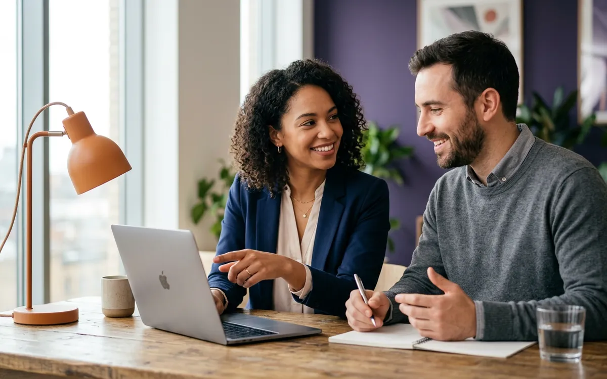 KORE1 technical recruiter and a Microsoft Dynamics 365 developer candidate reviewing a role together in a bright modern office