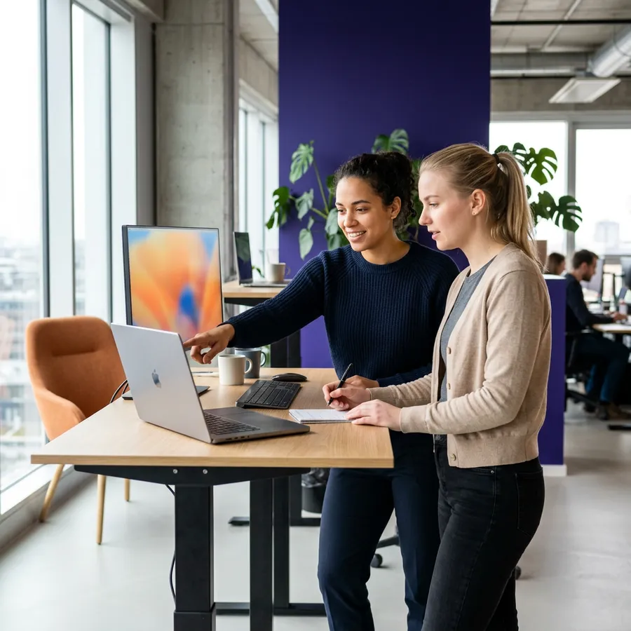 Two Dynamics 365 developers pair programming at a standing desk, one pointing at a laptop, during a plug-in code review