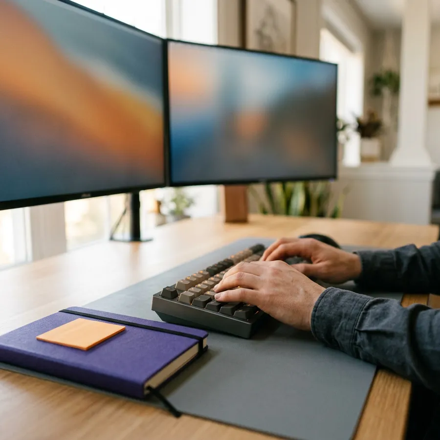 A Dynamics 365 developer's hands on a mechanical keyboard at a clean desk with two monitors angled away during X++ and Power Platform development