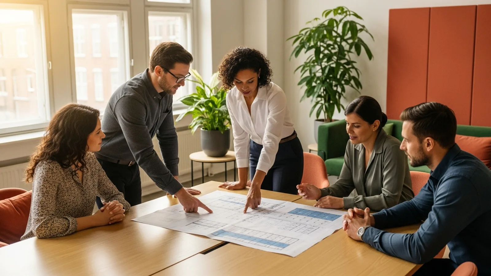 KORE1 e-commerce staffing team and an online retailer storefront, platform, and merchandising hires collaborating around a planning table in a bright modern office