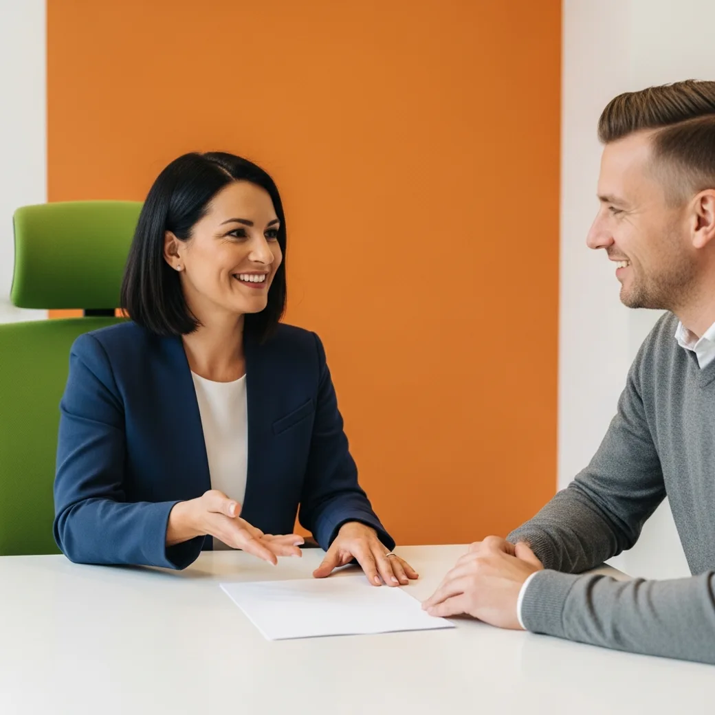 A KORE1 e-commerce staffing advisor walking an online store owner through contract, contract-to-hire, and direct hire options on a printed plan in a modern office