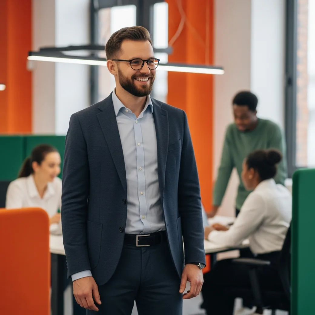 A confident e-commerce professional placed by KORE1 standing in a bright modern collaborative office mid-conversation with teammates