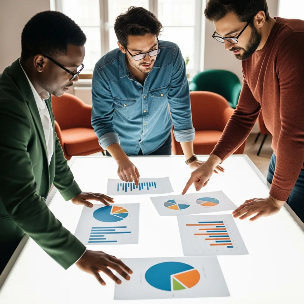 A cross-functional e-commerce team of storefront, platform, and merchandising hires placed by KORE1 reviewing a printed launch plan at a table in a bright modern office