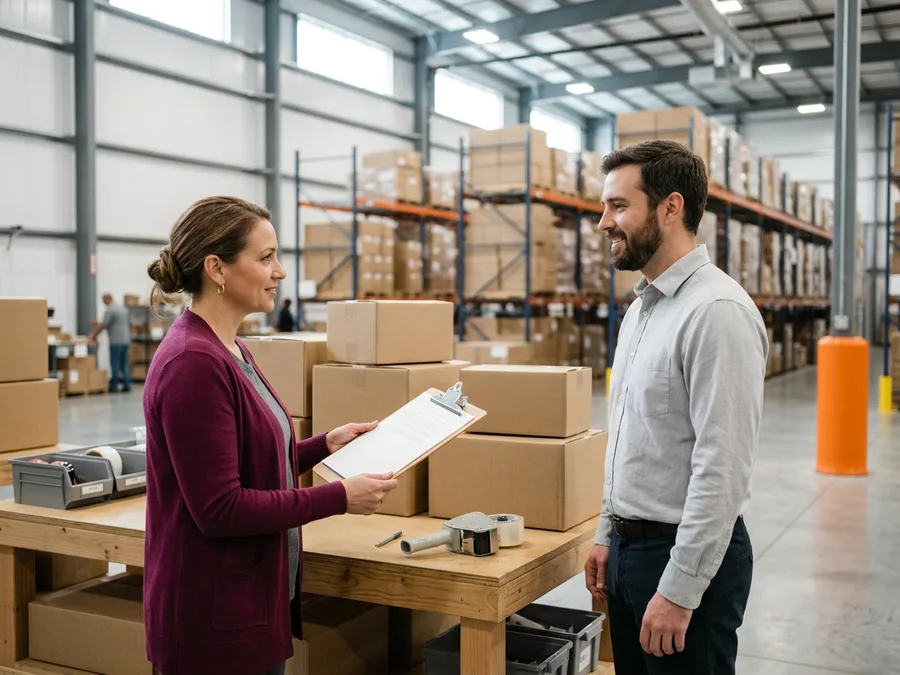 Operations lead and ERP consultant reviewing a printed pick list at a distribution center packing station, KORE1 ecommerce and wholesale ERP staffing