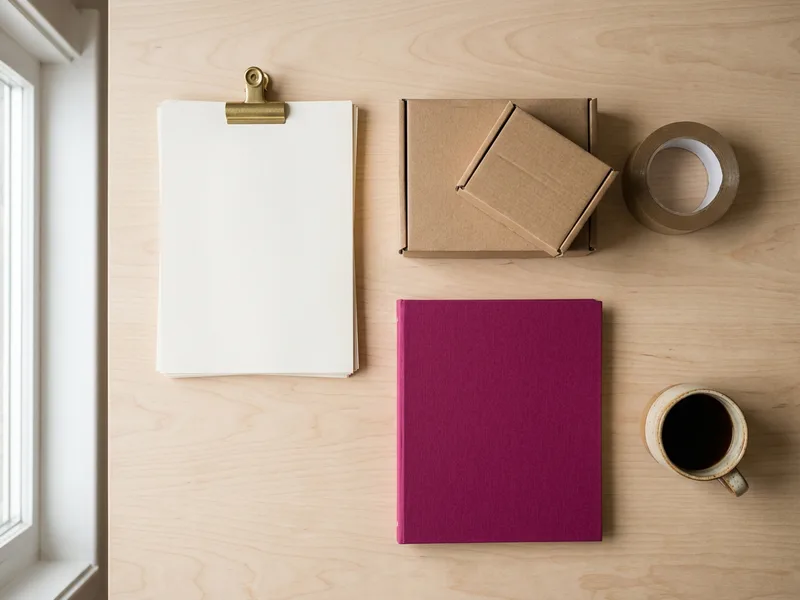 Flat lay of printed order paperwork, shipping cartons, packing tape, and a binder on a distribution office desk