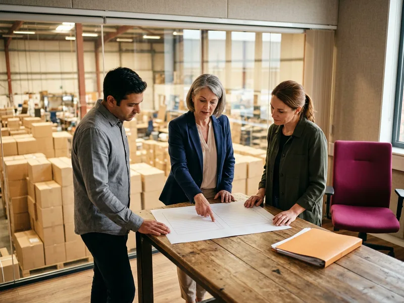 Distribution operations team reviewing a printed ERP cutover checklist in a glass-walled office overlooking a warehouse floor