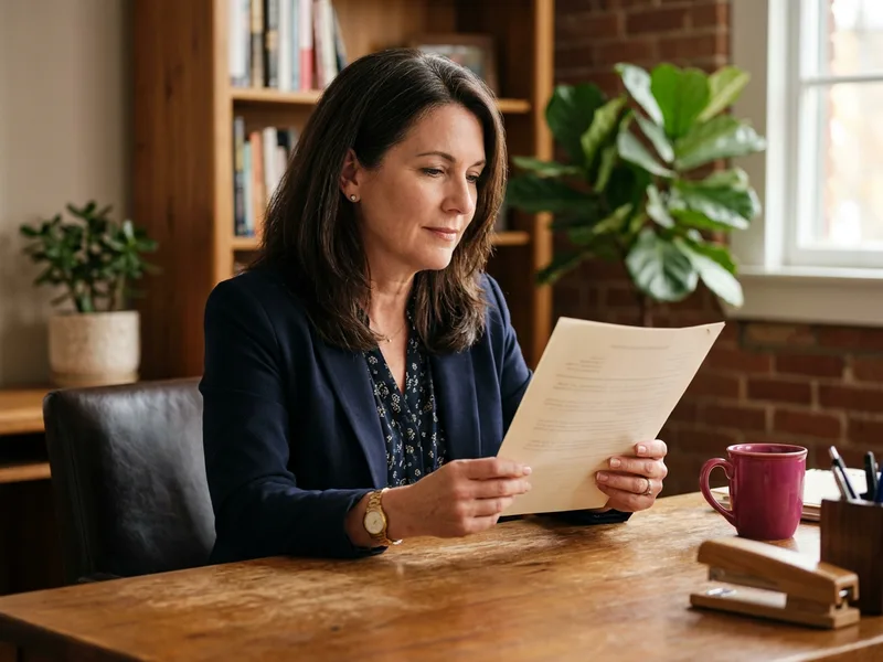 Senior KORE1 recruiter reviewing a printed ecommerce ERP consultant candidate profile at a wooden office desk
