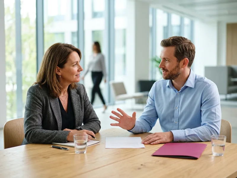 KORE1 recruiter and an ecommerce ERP consultant candidate reviewing a printed document across a meeting table during a screening conversation