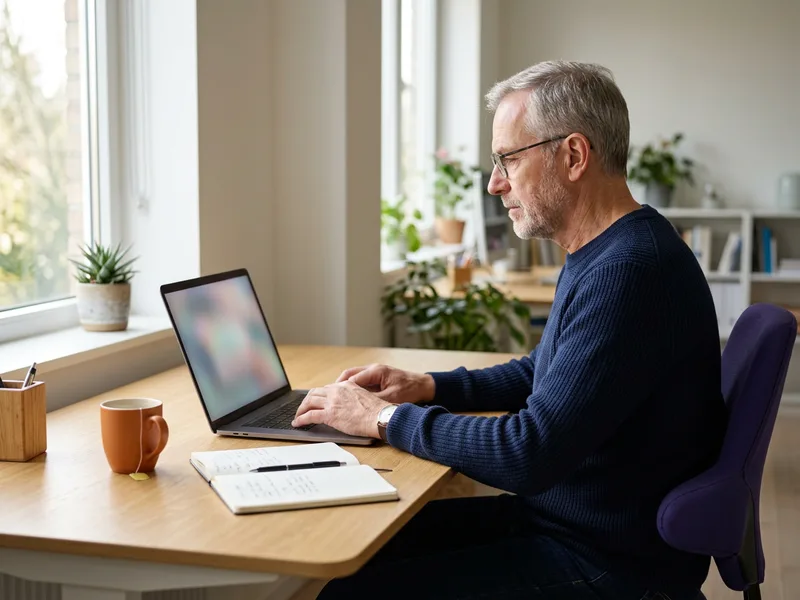 Senior Elixir developer reviewing code at a bright desk with a violet accent cushion, KORE1 Elixir developer staffing
