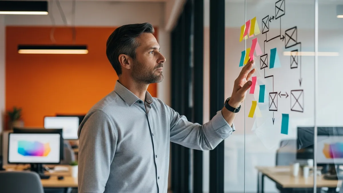 Mortgage technology engineering leader mapping an Encompass integration plan on a glass wall of architecture diagrams