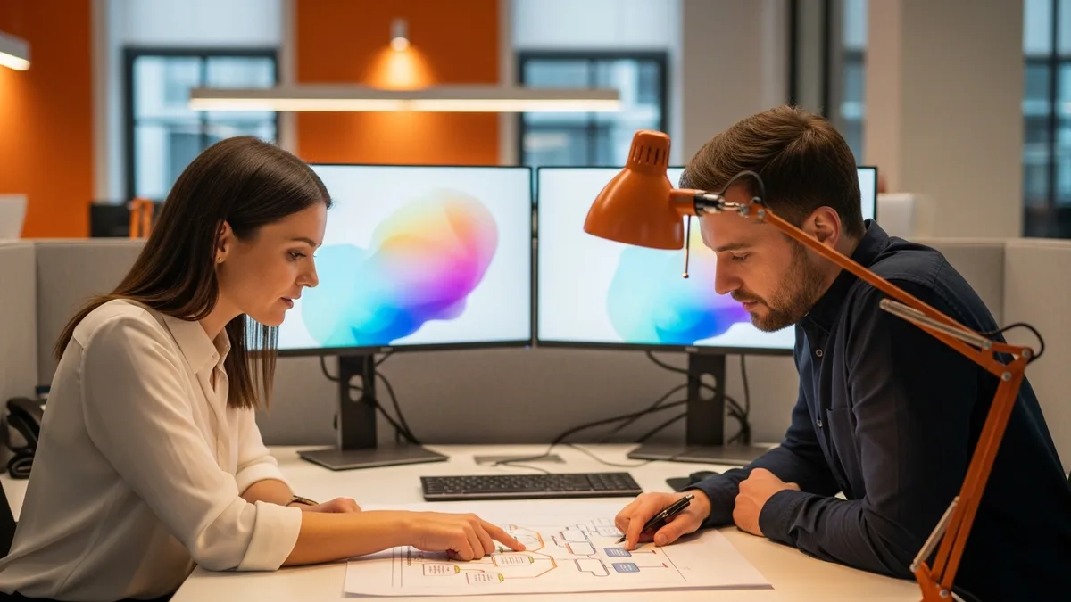Two software engineers reviewing an API and webhook migration plan during the Encompass SDK to API transition